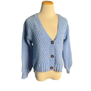 Pink Rose Light Blue Cable Knit Button Cardigan Sweater